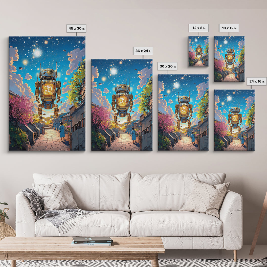 Floating Lantern Robot Wall Art, Futuristic Japanese Street Canvas Print, Cyberpunk Sakura Village Sci Fi Home Decor Gift