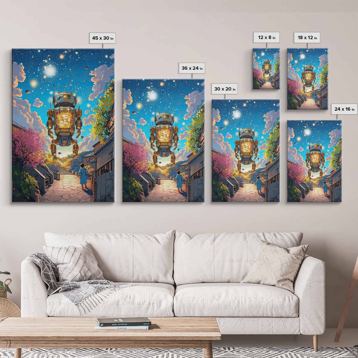 Floating Lantern Robot Wall Art, Futuristic Japanese Street Canvas Print, Cyberpunk Sakura Village Sci Fi Home Decor Gift
