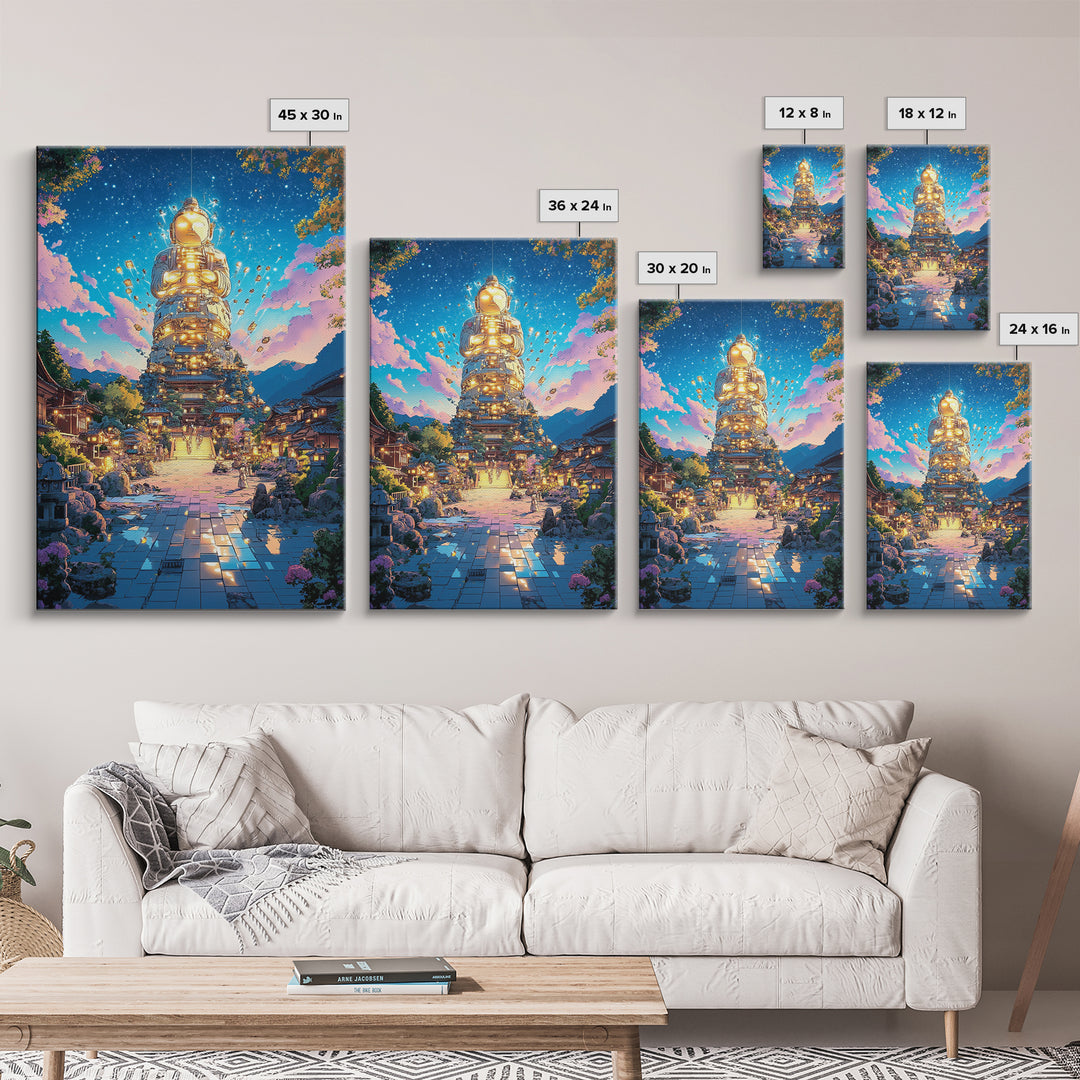 Golden Futuristic Buddha Temple Wall Art, Cyberpunk Japanese Village Canvas Print, Spiritual Sci Fi Decor For Meditation Room