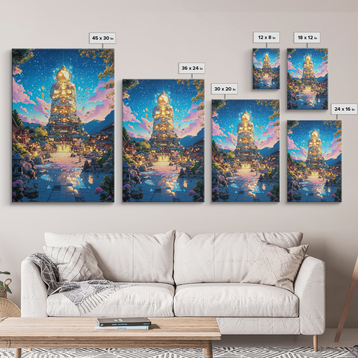 Golden Futuristic Buddha Temple Wall Art, Cyberpunk Japanese Village Canvas Print, Spiritual Sci Fi Decor For Meditation Room