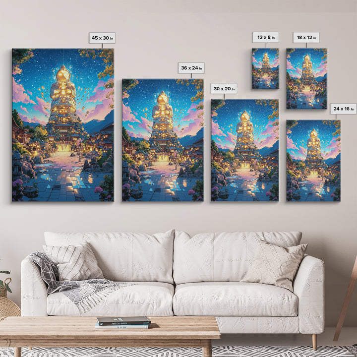 Golden Futuristic Buddha Temple Wall Art, Cyberpunk Japanese Village Canvas Print, Spiritual Sci Fi Decor For Meditation Room