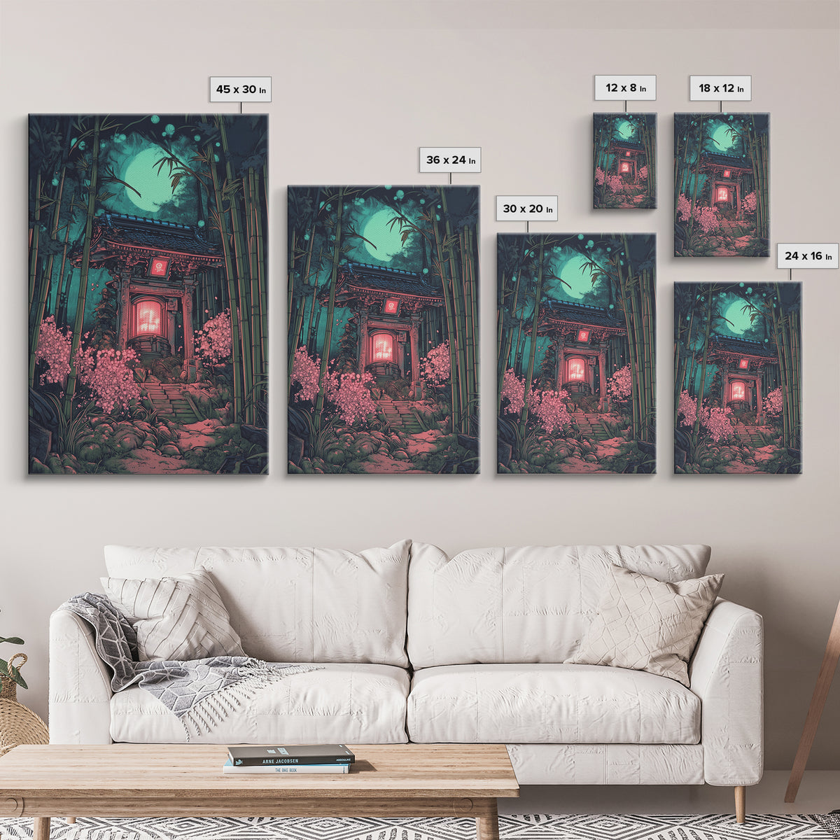 Moonlit Bamboo Shrine Wall Art, Japanese Moon Garden Canvas Print, Dark Botanical Japandi Decor, Pink Floral Temple Scene