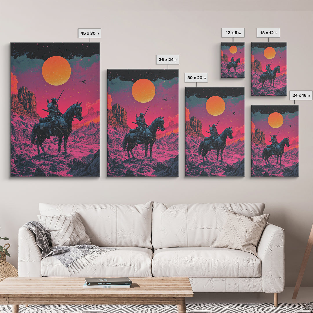 Samurai Horseback Desert Wall Art, Orange Sun Western Japanese Canvas Print, Retro Futuristic Warrior Decor Gift For Man Cave