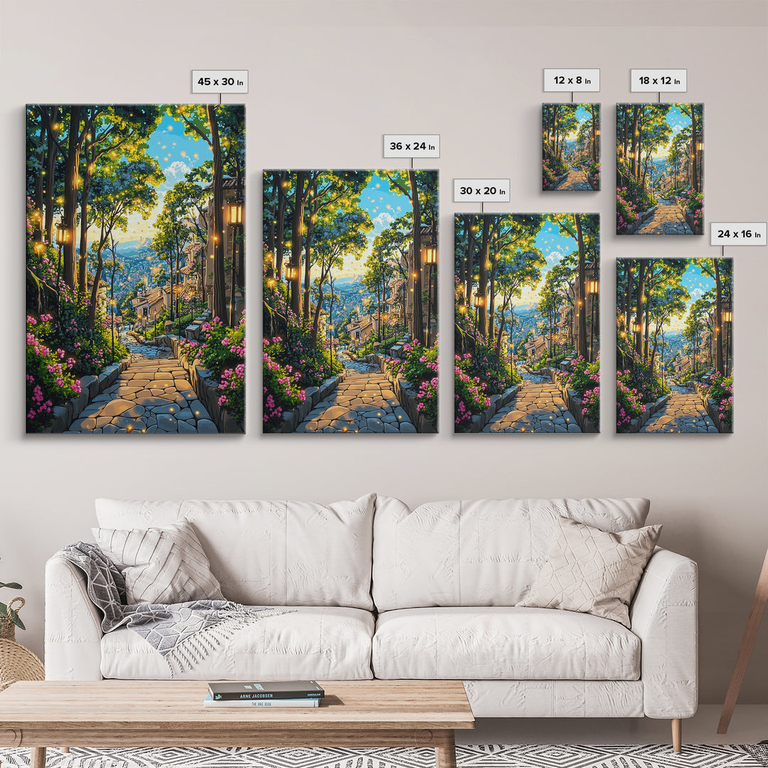 Glowing Forest Stairway Wall Art, Lantern Garden Path Canvas Print, Whimsical Coastal Village Decor For Living Room Gift
