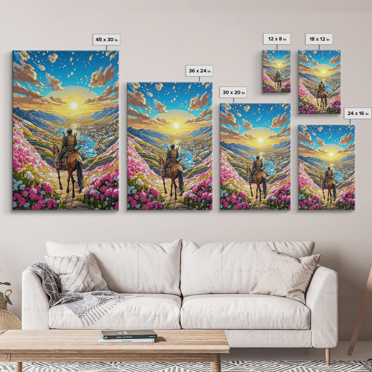 Horseback Warrior Valley Wall Art, Sunrise Mountain Landscape Canvas Print, Pink Flower Meadow Japanese Decor Gift For Home
