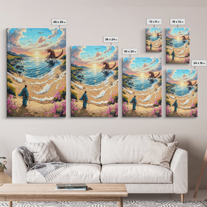 Giant Scorpion Seaside Wall Art, Samurai Beach Landscape Canvas Print, Fantasy Ocean Monster Japanese Decor Gift For Home
