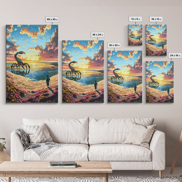 Giant Scorpion Beach Sunset Wall Art, Surreal Fantasy Landscape Canvas, Coastal Sci Fi Decor, Unique Gift For Him, Statement Artwork