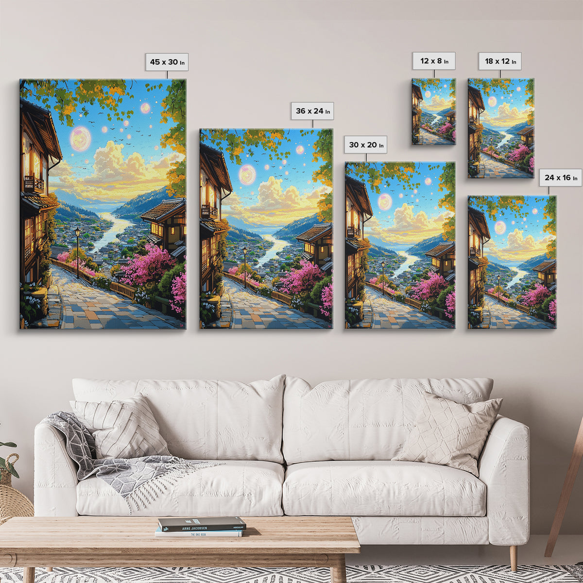 Magical Japanese Lakeside Village Canvas Print, Sunset Mountain Wall Decor, Cherry Blossom Art, Japandi Home Decor Gift Idea