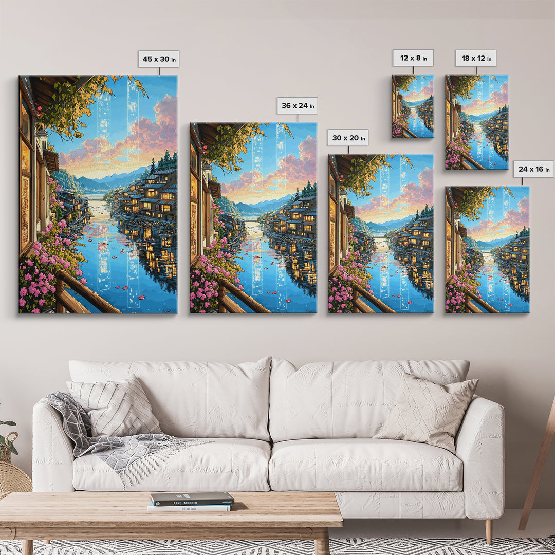 Glowing Canal Village Framed Canvas Print, Japanese Landscape Wall Art, Cherry Blossom Decor, Fantasy Travel Poster Gift
