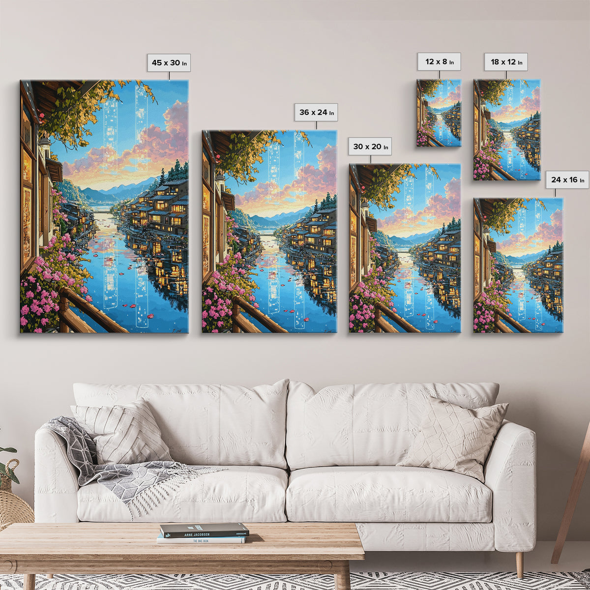 Glowing Canal Village Framed Canvas Print, Japanese Landscape Wall Art, Cherry Blossom Decor, Fantasy Travel Poster Gift