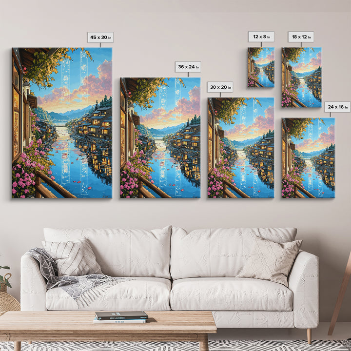Glowing Canal Village Framed Canvas Print, Japanese Landscape Wall Art, Cherry Blossom Decor, Fantasy Travel Poster Gift