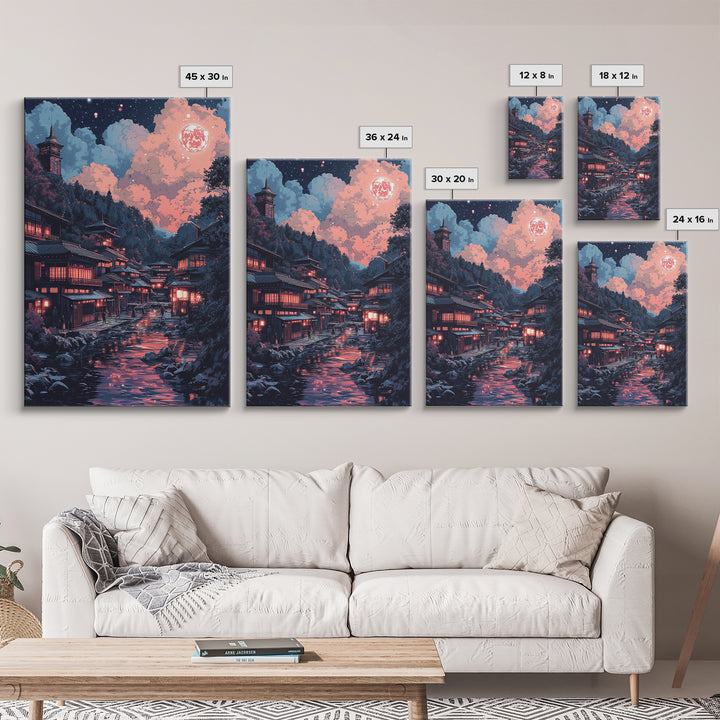 Red Moon Japanese River Village Wall Art, Night Lantern Landscape, Dark Academia Decor, Moody Fantasy Canvas Print For Living Room