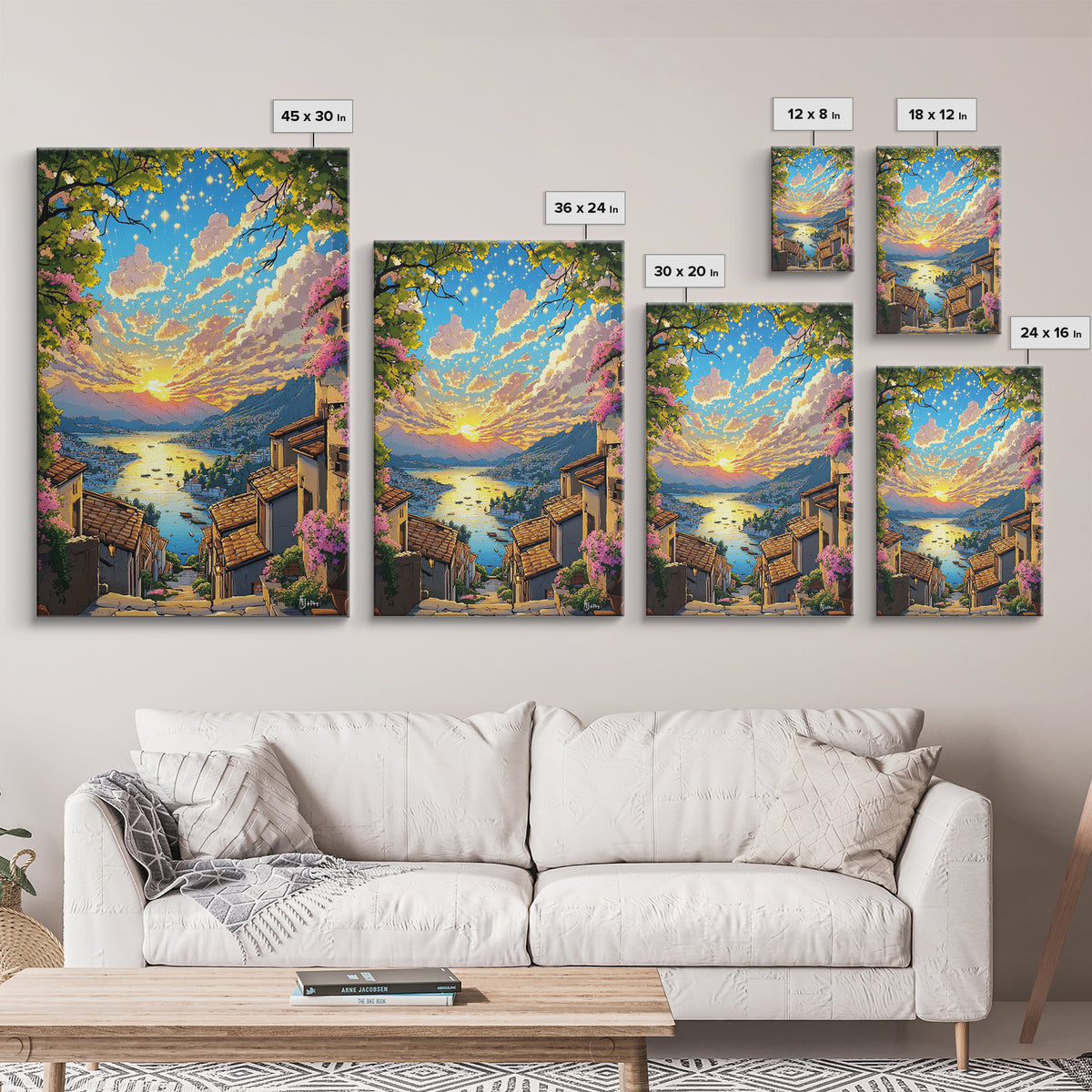 Italian Hillside Village Sunset Canvas Print, Coastal Lake Wall Art, Mediterranean Decor, Romantic Travel Poster Gift Idea