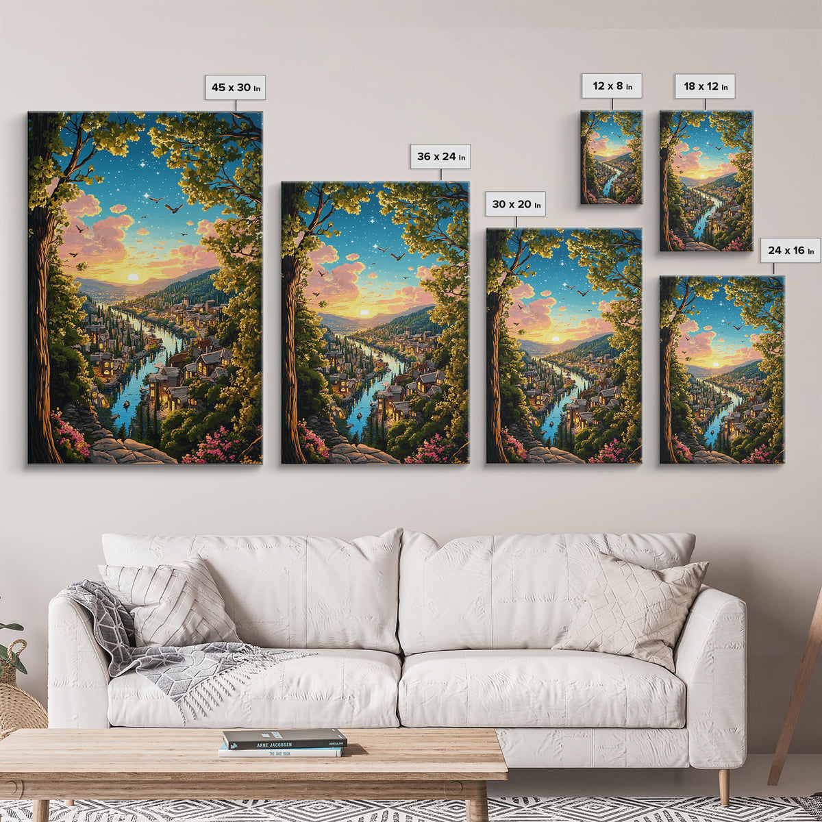Sunset River City Through Forest Wall Art, Starry Landscape Canvas, Nature Decor, Cozy Living Room Art Print Gift For Her