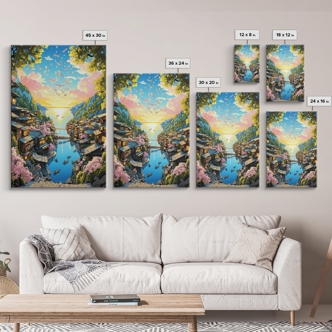 Cherry Blossom Coastal Village Canvas Print, Japanese Seascape Wall Art, Pink Floral Decor, Peaceful Travel Poster Gift Idea