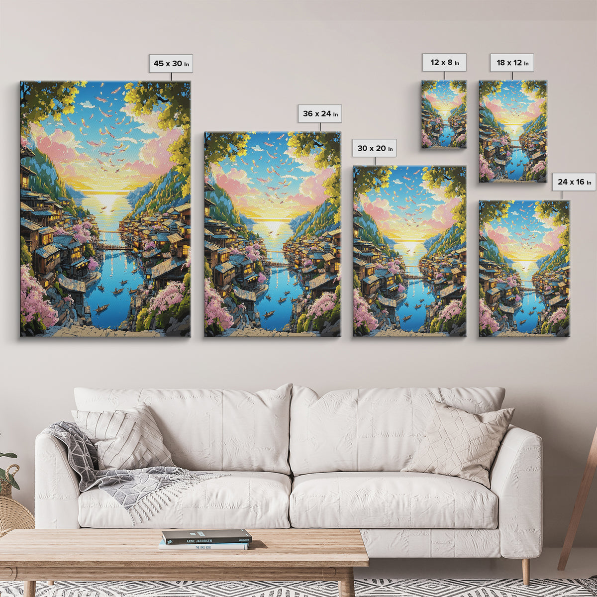 Cherry Blossom Coastal Village Canvas Print, Japanese Seascape Wall Art, Pink Floral Decor, Peaceful Travel Poster Gift Idea