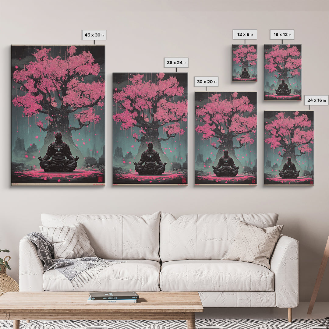 Astronaut Meditating Under Pink Cherry Tree Wall Art, Sci Fi Zen Decor, Dark Botanical Fantasy Framed Canvas Print Gift For Him