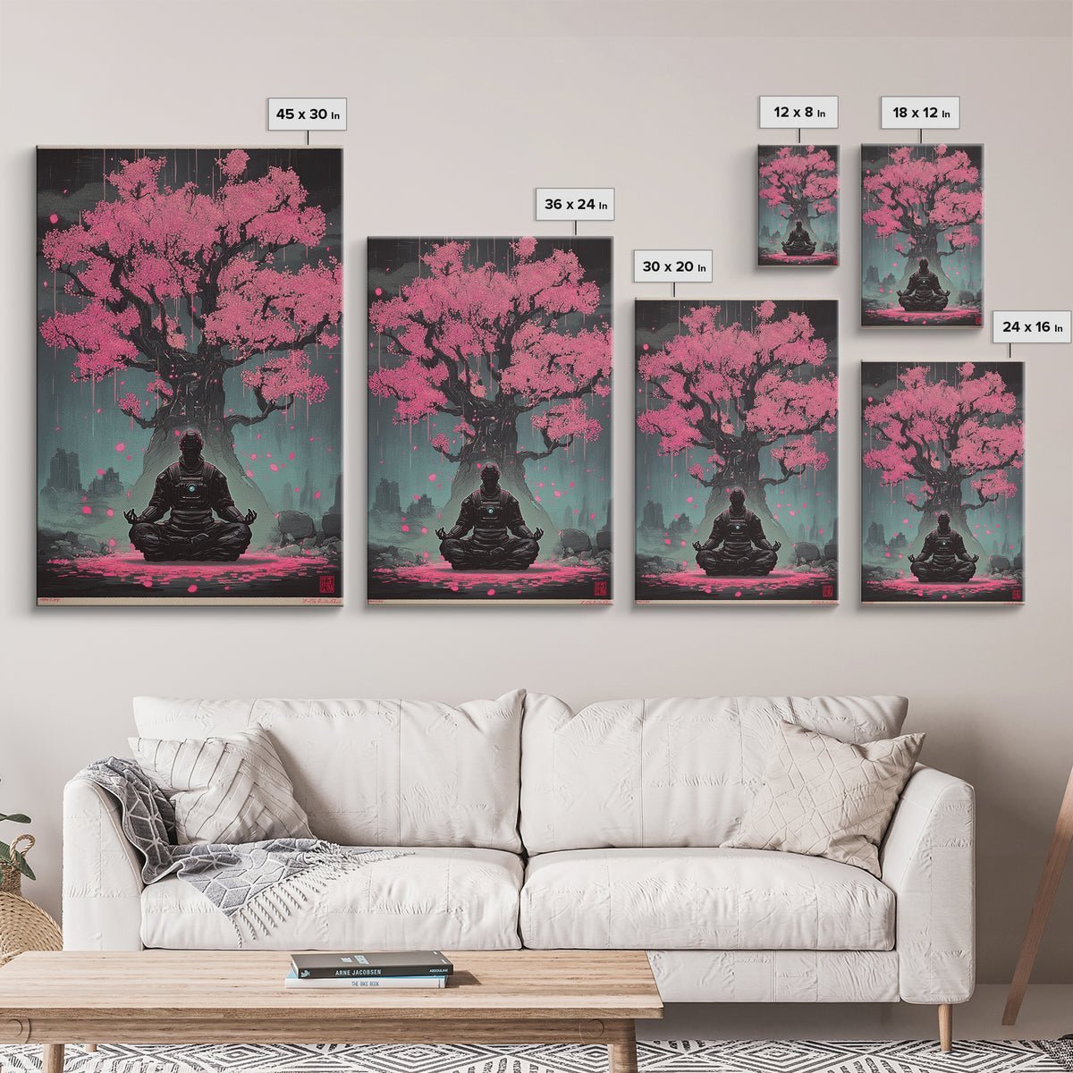 Astronaut Meditating Under Pink Cherry Tree Wall Art, Sci Fi Zen Decor, Dark Botanical Fantasy Framed Canvas Print Gift For Him