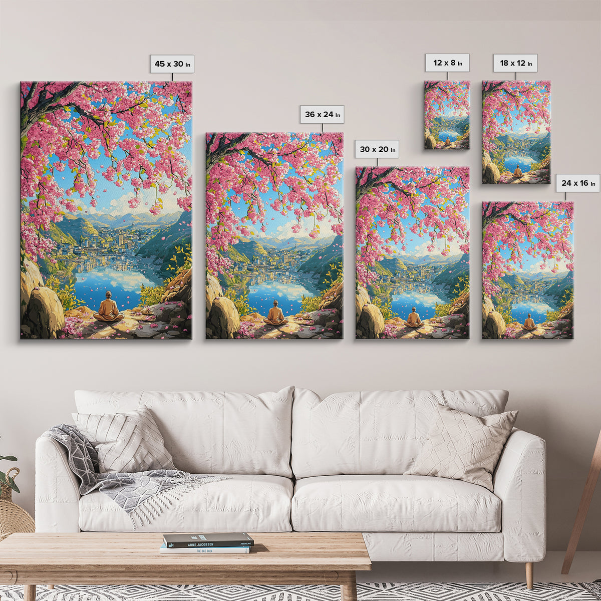 Cherry Blossom Lake Meditation Canvas Print, Japanese Mountain Wall Art, Spring Nature Decor, Peaceful Zen Gift For Her Idea
