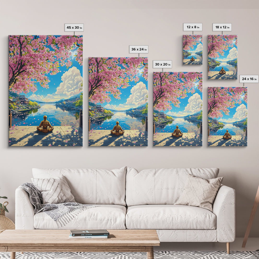 Meditating Samurai Under Pink Cherry Blossoms Wall Art, Japanese Landscape Canvas, Zen Decor, Living Room Art Print, Home Decor