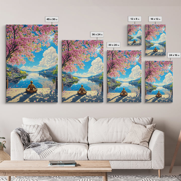 Meditating Samurai Under Pink Cherry Blossoms Wall Art, Japanese Landscape Canvas, Zen Decor, Living Room Art Print, Home Decor