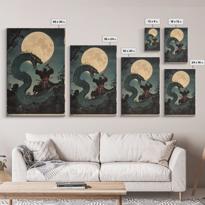 Moon Dragon Duel With Armored Samurai Framed Canvas Print, Japanese Fantasy Wall Art, Dark Academia Decor, Gift For Him, Office Decor