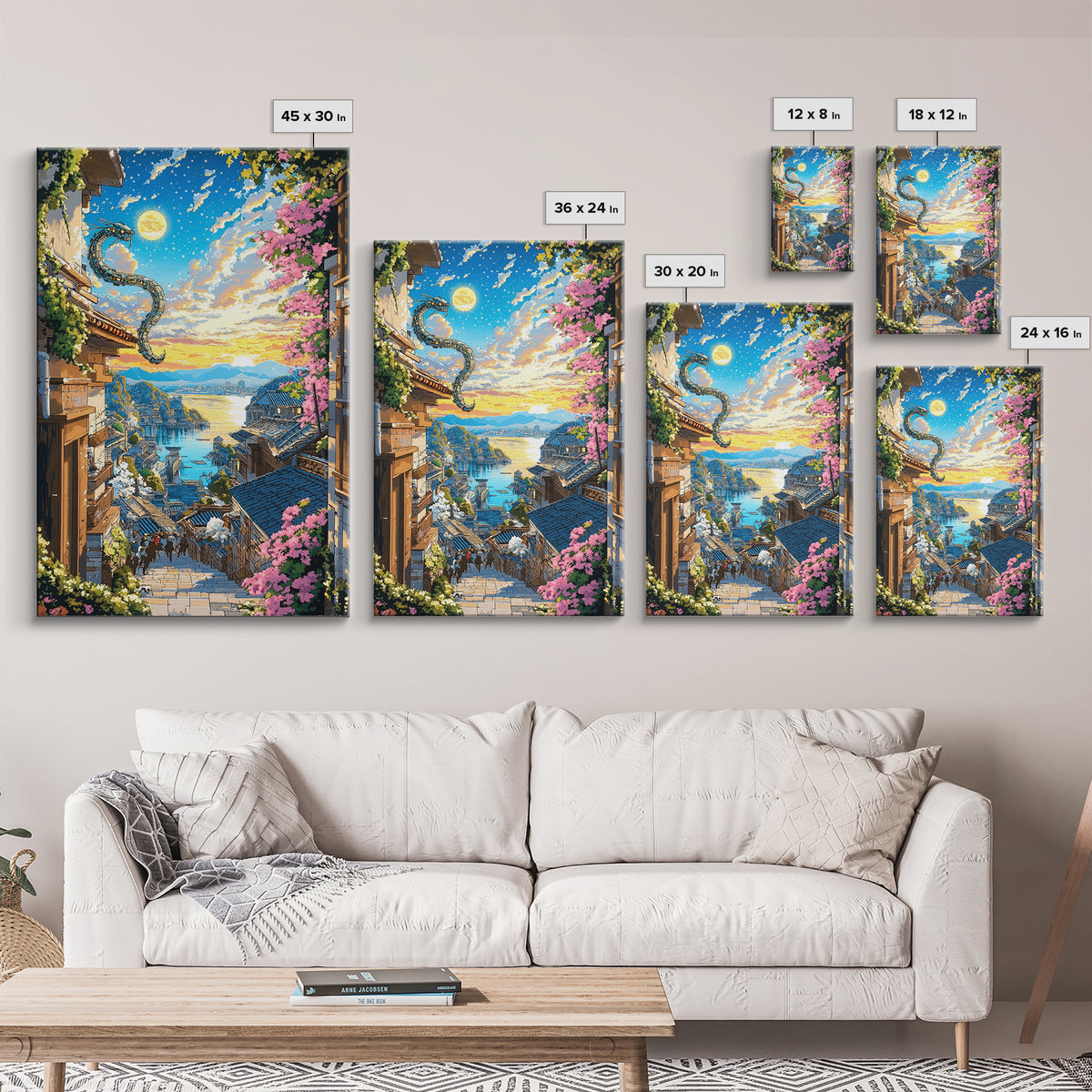 Dragon Over Sunlit Coastal Stairway Canvas Print, Japanese Village Wall Art, Cherry Blossom Decor, Fantasy Landscape Print