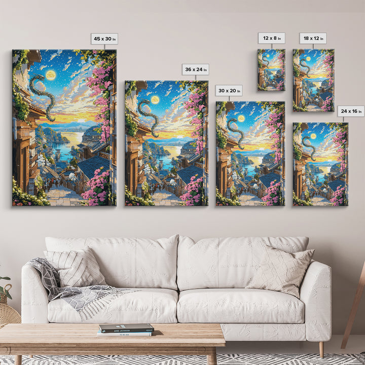 Dragon Over Sunlit Coastal Stairway Canvas Print, Japanese Village Wall Art, Cherry Blossom Decor, Fantasy Landscape Print