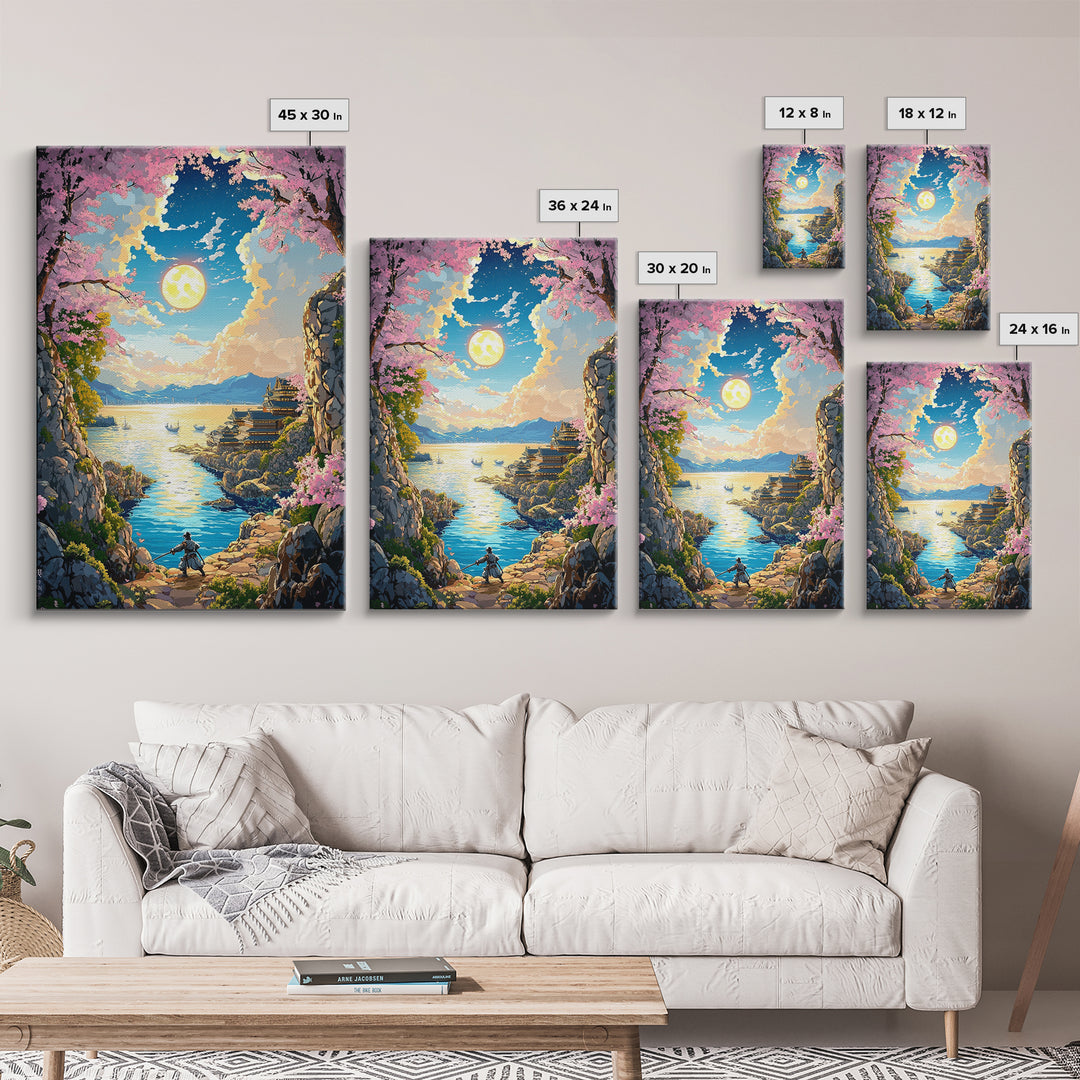 Moonlit Cherry Blossom Sea Cove Wall Art, Samurai Fantasy Landscape, Japanese Coastal Decor, Living Room Canvas Print, Home Decor