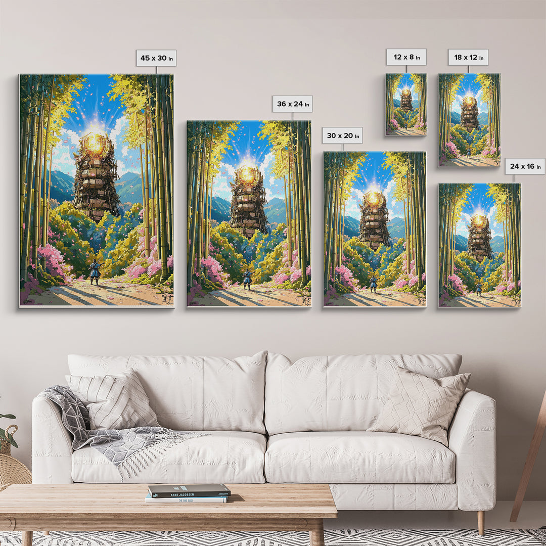 Glowing Samurai Tower In Bamboo Forest Wall Art, Japanese Fantasy Landscape, Asian Inspired Art Canvas Print, Living Room Decor