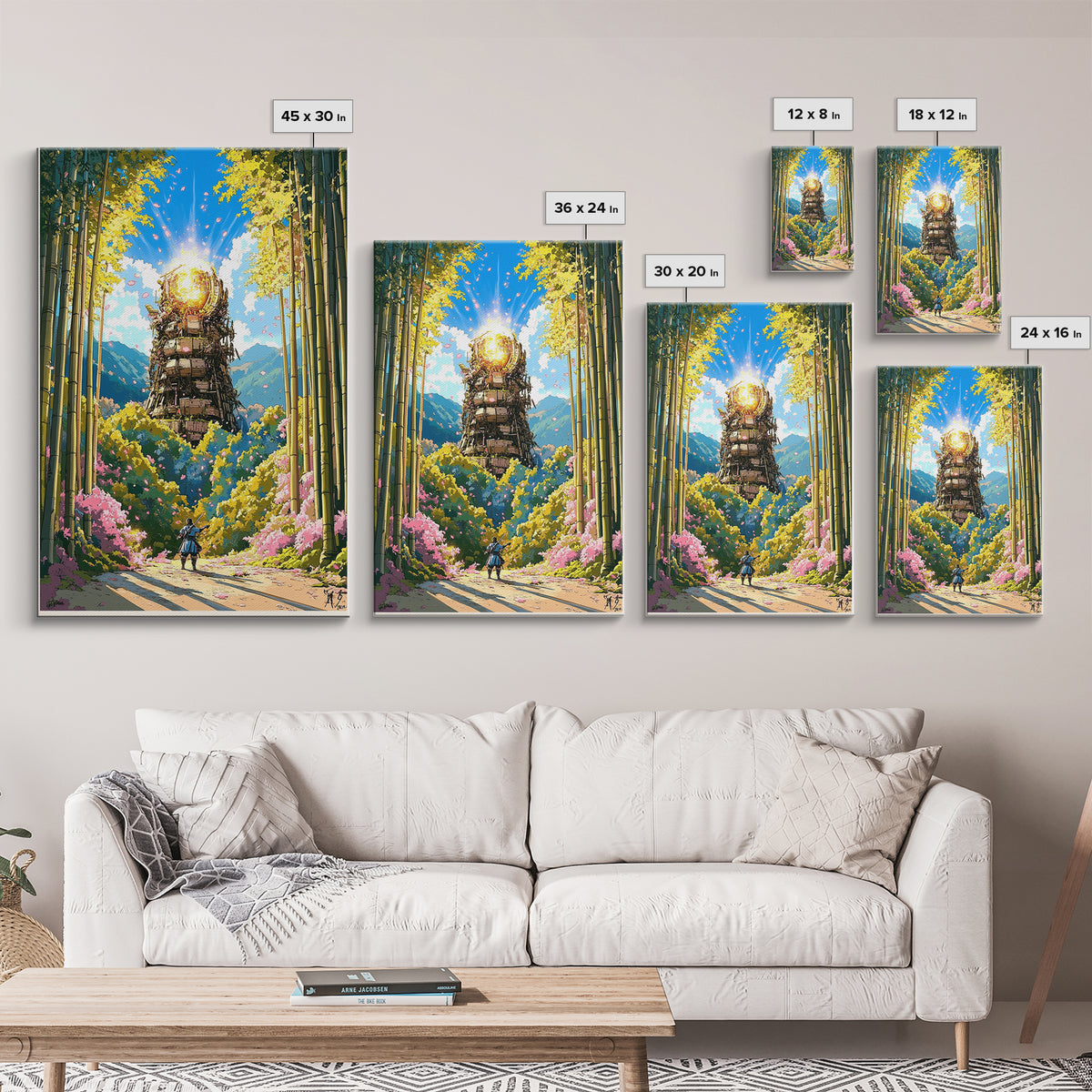 Glowing Samurai Tower In Bamboo Forest Wall Art, Japanese Fantasy Landscape, Asian Inspired Art Canvas Print, Living Room Decor