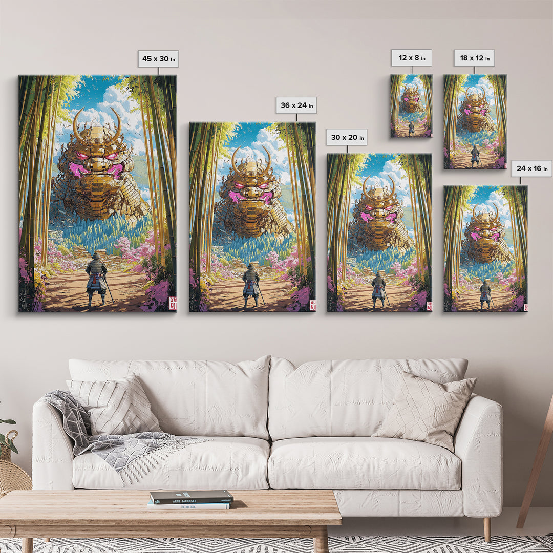 Giant Golden Samurai Mask In Bamboo Grove Framed Canvas Print, Japanese Warrior Wall Art, Fantasy Decor, Gift For Him, Office Decor