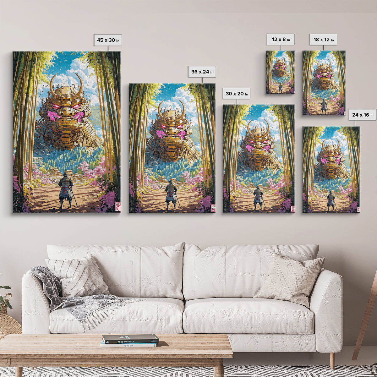 Giant Golden Samurai Mask In Bamboo Grove Framed Canvas Print, Japanese Warrior Wall Art, Fantasy Decor, Gift For Him, Office Decor