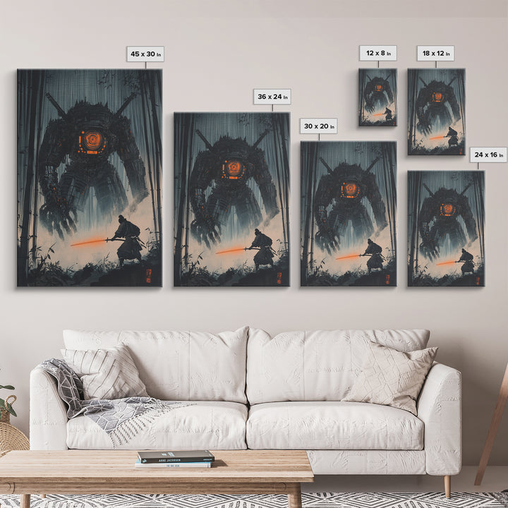 Dark Samurai Facing Giant Mech Wall Art, Cyberpunk Japanese Bamboo Forest, Neon Sword Framed Canvas Print, Office Wall Decor