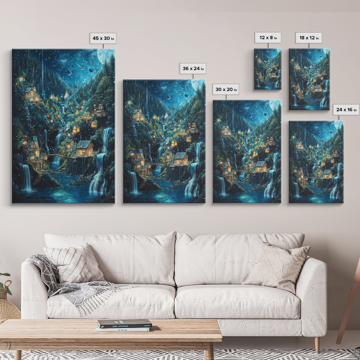 Starry Waterfall Village In Enchanted Forest Canvas Print, Fantasy Wall Art, Magical Cabin Decor, Cozy Living Room Decor