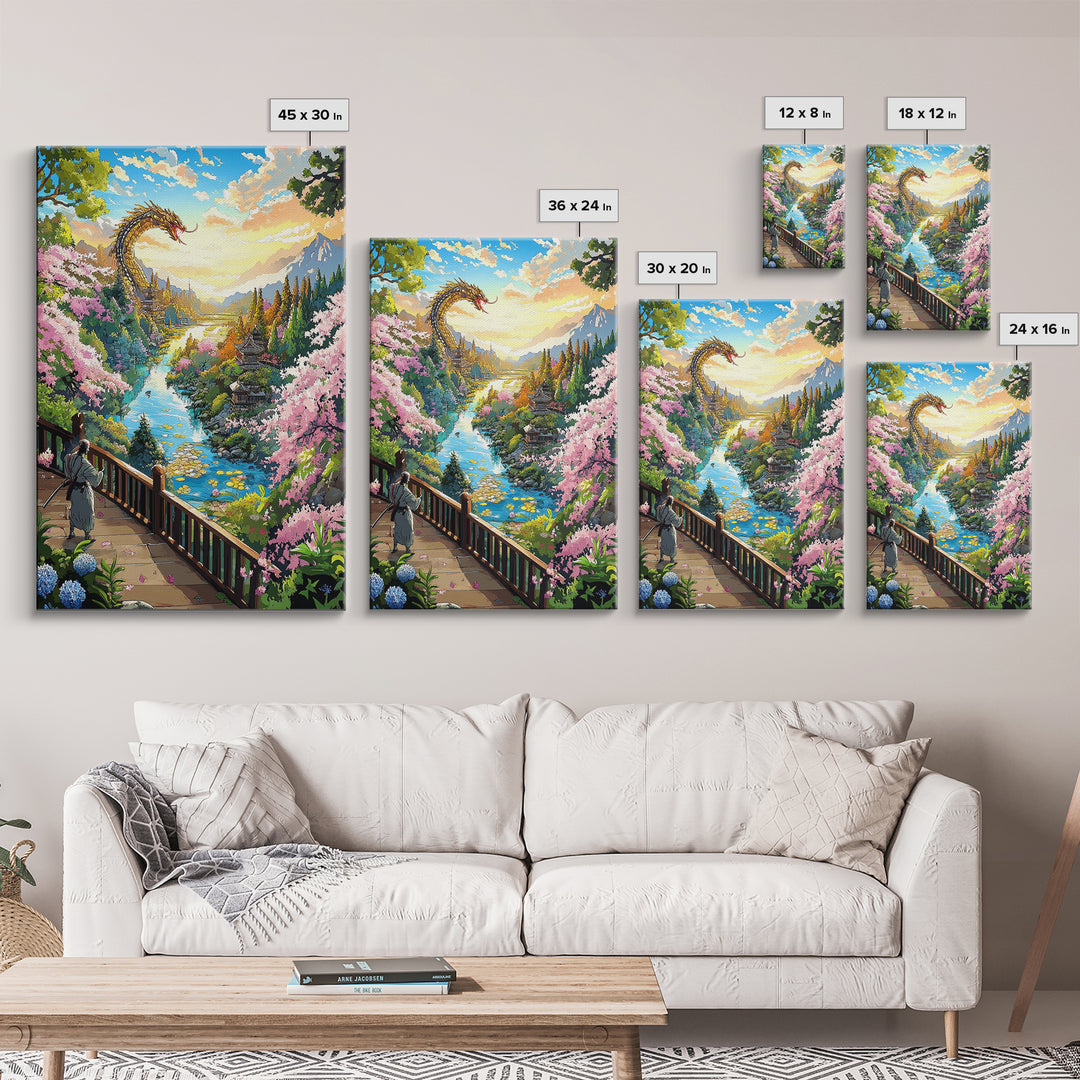 Golden Dragon Above Cherry Blossom Valley Wall Art, Japanese Fantasy Landscape, River Mountain Canvas Print, Zen Home Decor