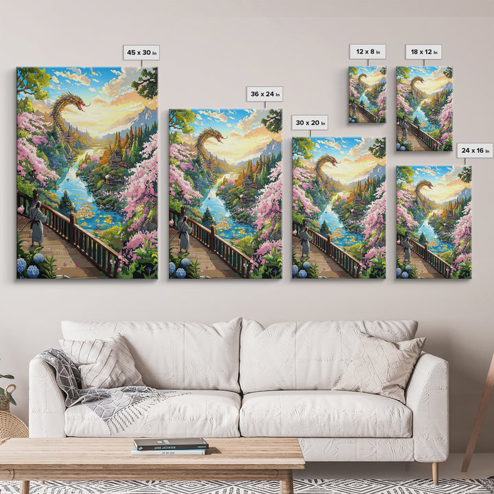 Golden Dragon Above Cherry Blossom Valley Wall Art, Japanese Fantasy Landscape, River Mountain Canvas Print, Zen Home Decor