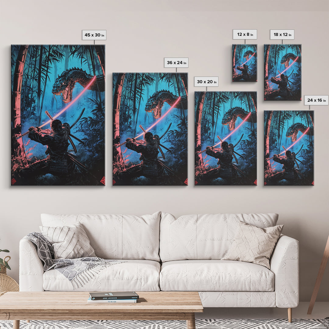 Neon Samurai Battling Serpent Dragon Wall Art, Cyberpunk Japanese Bamboo Forest, Dark Fantasy Framed Canvas Print, Office Decor
