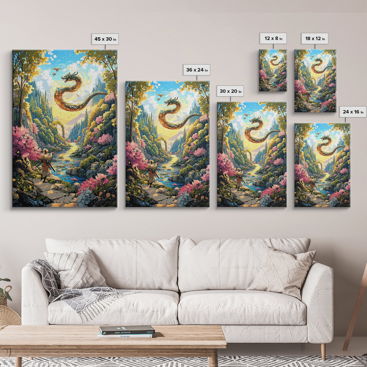 Warrior And Golden Dragon Mountain River Wall Art, Japanese Fantasy Canvas Print, Samurai Decor, Cherry Blossom Landscape