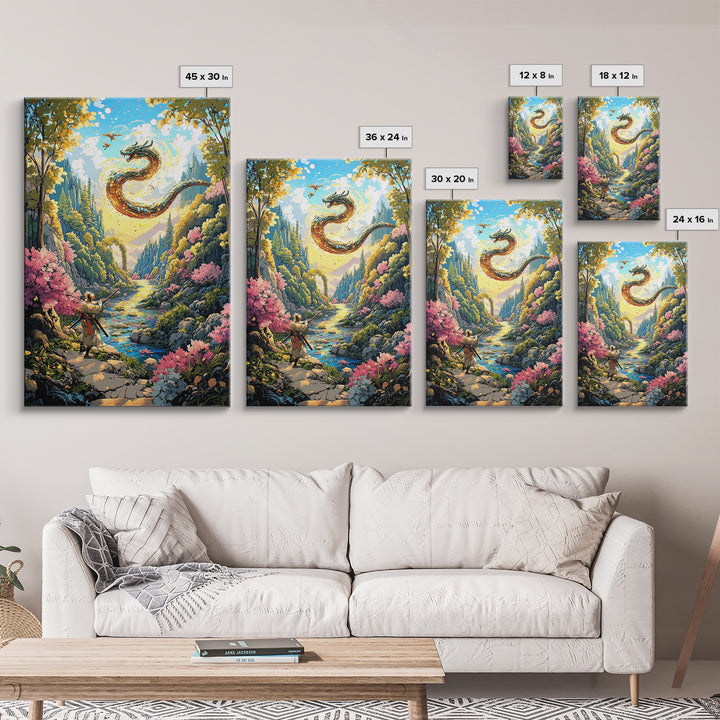 Warrior And Golden Dragon Mountain River Wall Art, Japanese Fantasy Canvas Print, Samurai Decor, Cherry Blossom Landscape