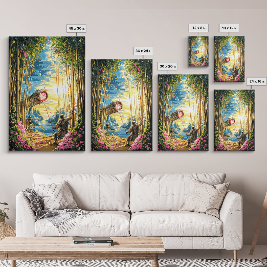 Samurai Banner In Bamboo Forest Wall Art, Japanese Warrior Canvas Print, Cherry Blossom Decor, Fantasy Landscape Poster Art