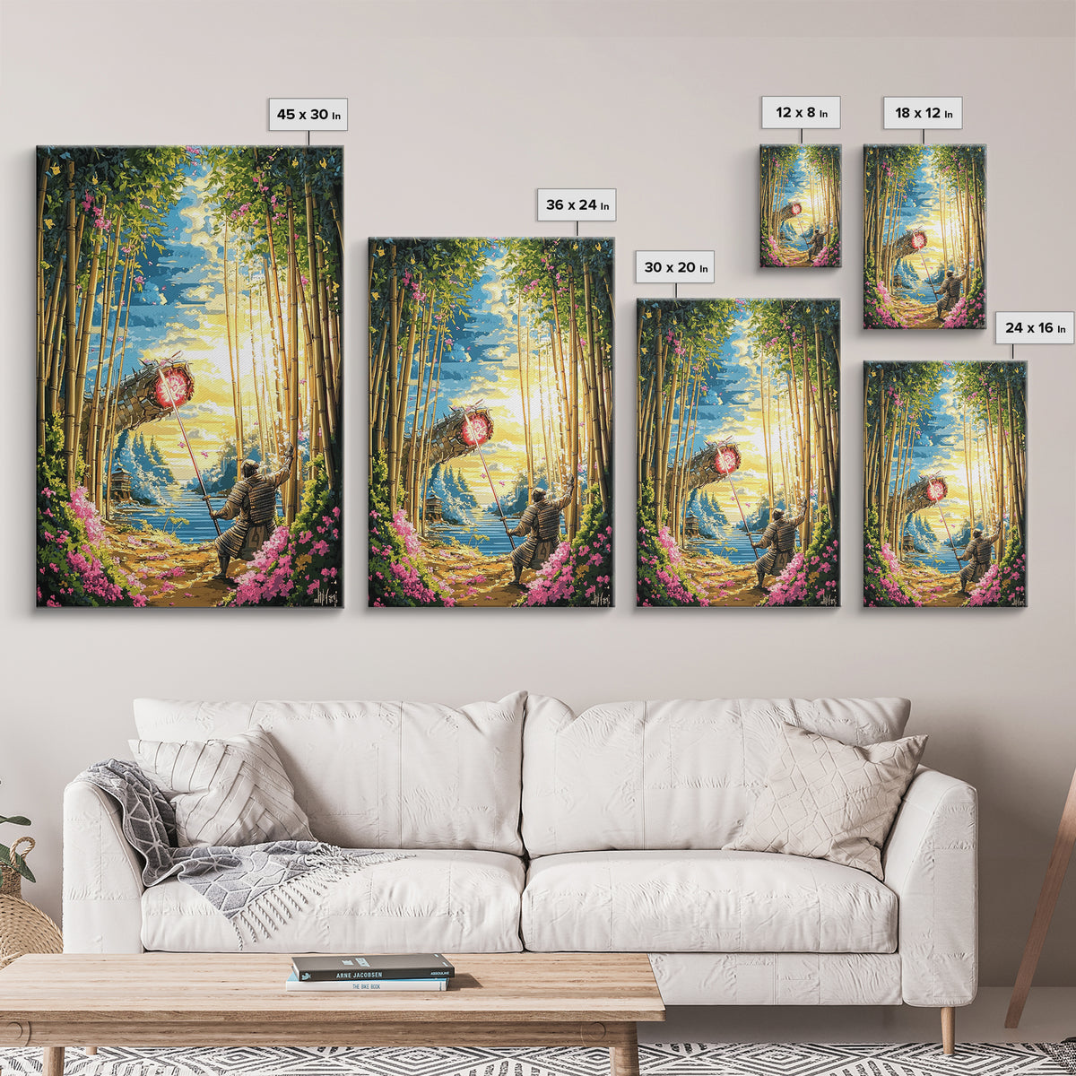 Samurai Banner In Bamboo Forest Wall Art, Japanese Warrior Canvas Print, Cherry Blossom Decor, Fantasy Landscape Poster Art