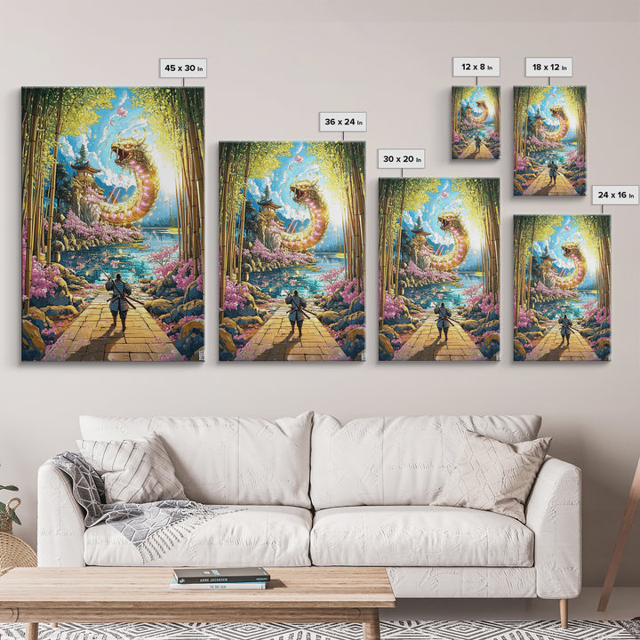 Golden Dragon By Bamboo Lake Framed Canvas Print, Samurai Wall Art, Japanese Fantasy Decor, Cherry Blossom Temple Art Print