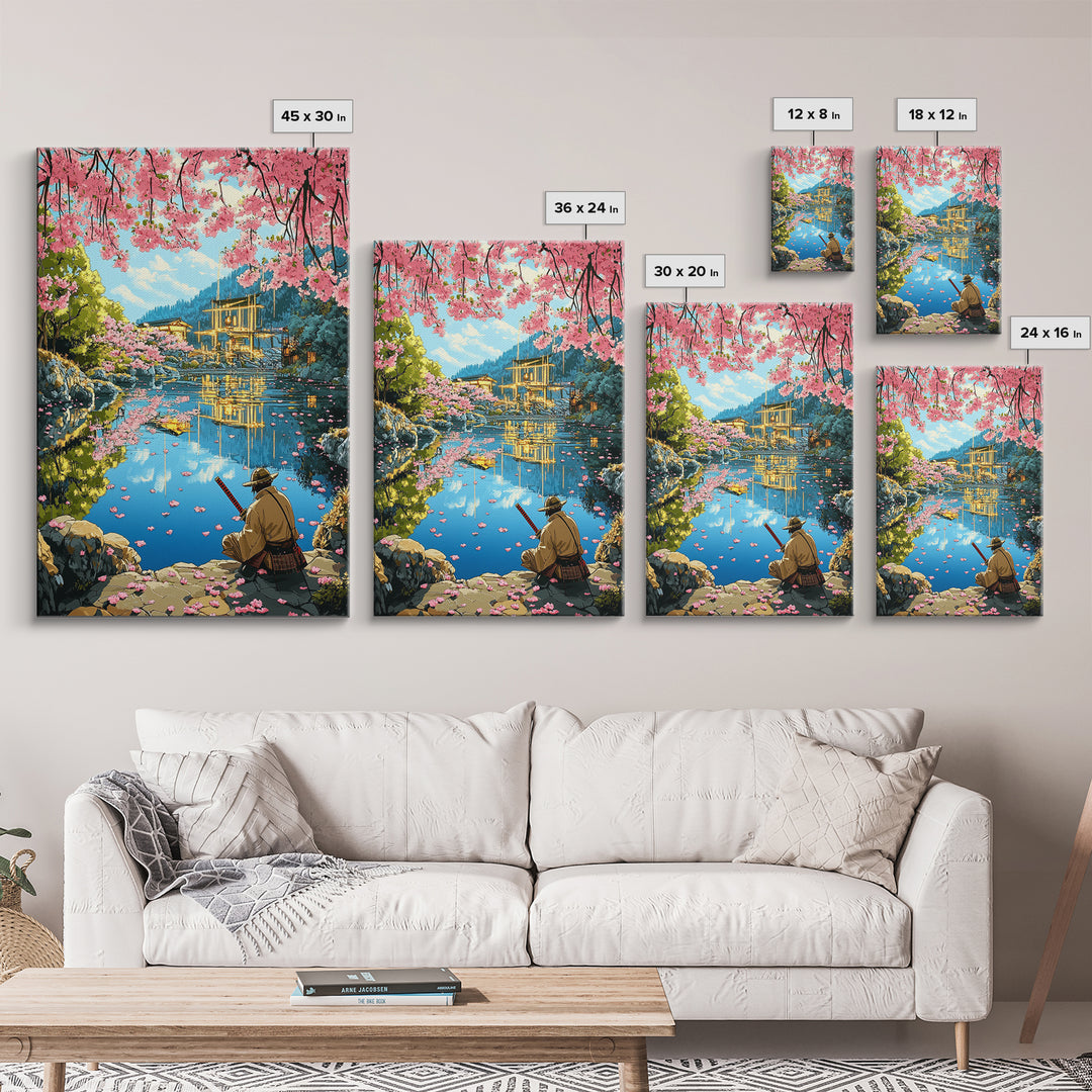 Seated Samurai At Cherry Blossom Lake Wall Art, Japanese Garden Canvas Print, Torii Reflection Decor, Peaceful Landscape