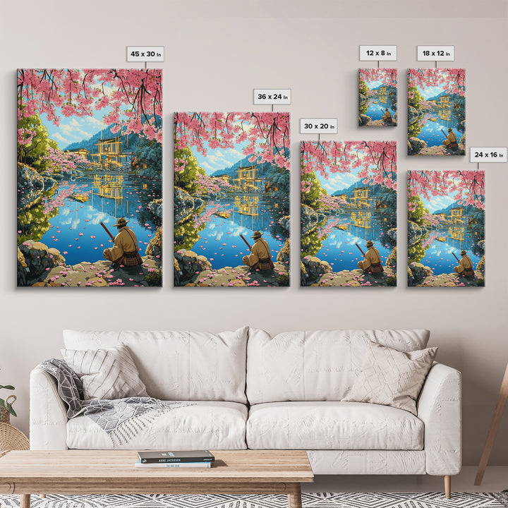 Seated Samurai At Cherry Blossom Lake Wall Art, Japanese Garden Canvas Print, Torii Reflection Decor, Peaceful Landscape