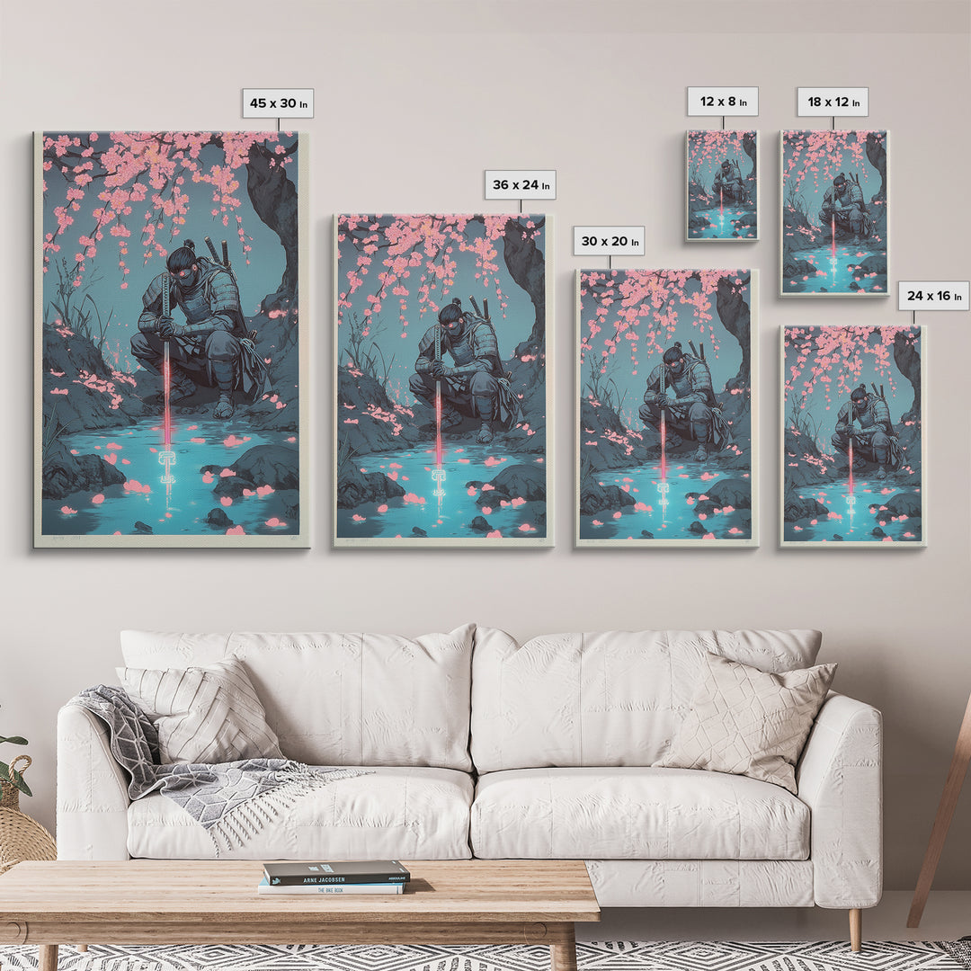 Kneeling Samurai With Glowing Sword Wall Art, Dark Japanese Canvas Print, Cherry Blossom Stream Decor, Ninja Warrior Poster