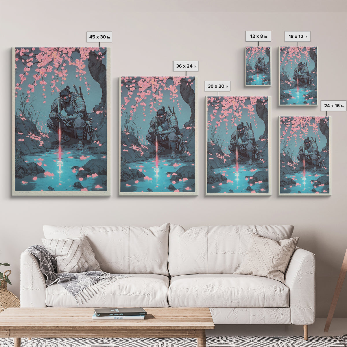 Kneeling Samurai With Glowing Sword Wall Art, Dark Japanese Canvas Print, Cherry Blossom Stream Decor, Ninja Warrior Poster