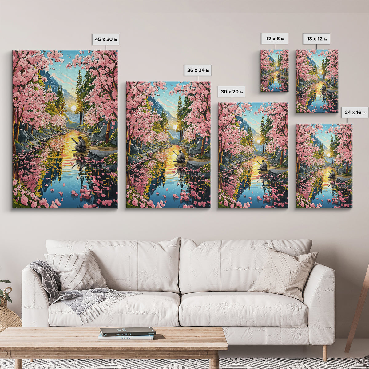Samurai Meditation Beside Cherry River Wall Art, Japanese Landscape Canvas Print, Sakura Sunset Decor, Mountain Reflection
