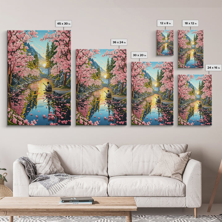 Samurai Meditation Beside Cherry River Wall Art, Japanese Landscape Canvas Print, Sakura Sunset Decor, Mountain Reflection