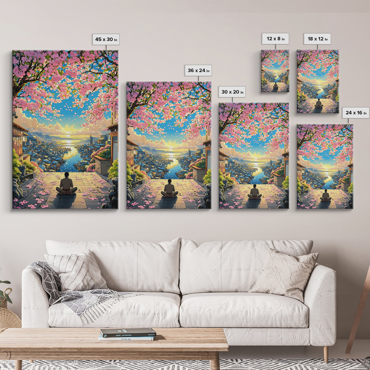 Meditation Over Cherry Blossom Harbor Wall Art, Japanese Coastal Canvas Print, Sakura Cityscape Decor, Peaceful Sunset Art